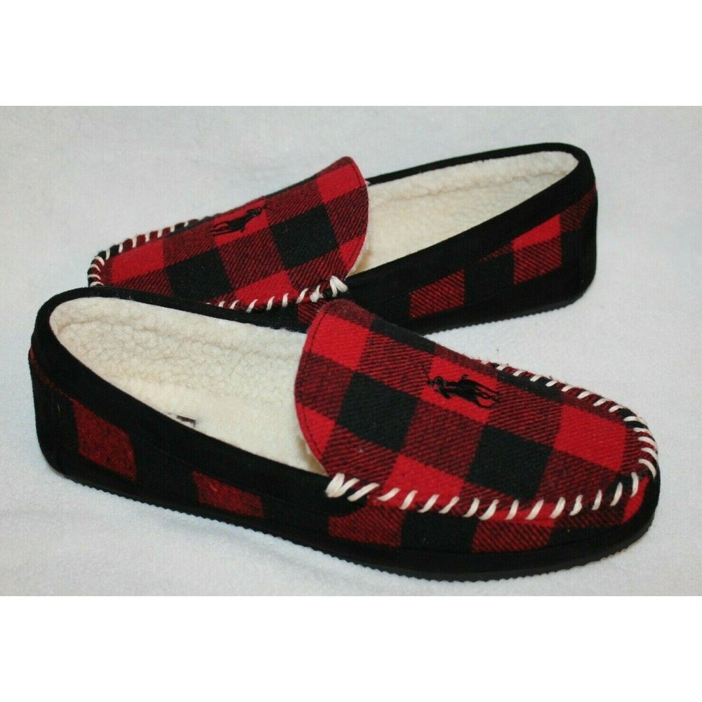NIB Polo Ralph Lauren Men's Plaid Moccasin Slippers Red Black 8